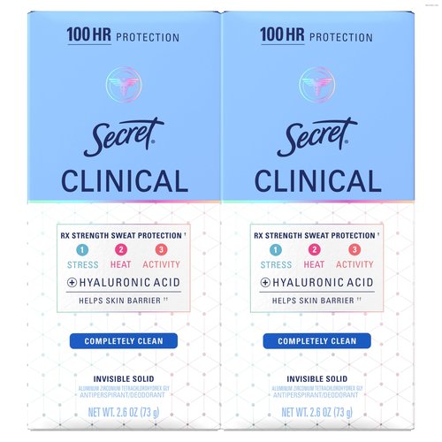 Secret Clinical Strength Antiperspirant Deodorant for Women, 100hr Sweat & Odor Protection, 3X Stress Protection with Hyaluronic Acid, Invisible Solid, Completely Clean Scent, 2.6 oz (Pack of 2)