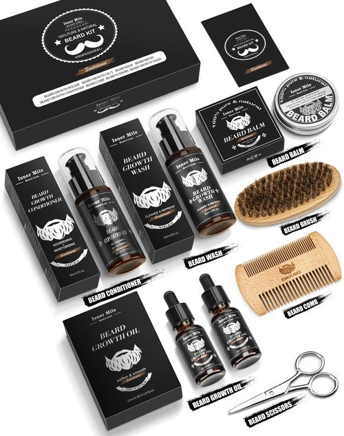 Beard Kit for Men Grooming & Care: with 2 Pack Beard Oils and Balm - Wash & Conditioner for After Shave Lotions Sandalwood, Brush and Comb Sets with Scissors, Valentines Fathers Gifts for Dad/Men/Him