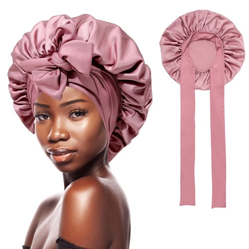 HAIMEIKANG Satin Bonnet for Women Silk Hair Bonnets for Sleeping Large Bonnets with Tie Band Night Cap Sleep Cap for Women Curly Night Cap(Bean Paste Color)
