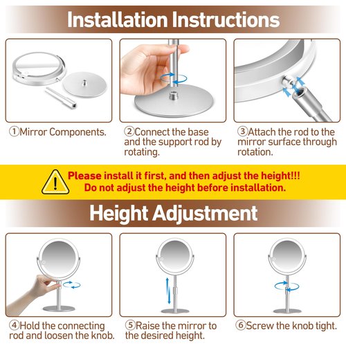 MOMOKUBA Magnifying Mirror with Light 20X, Height-Adjustable Lighted Makeup Mirror with Magnification, Double-Sided Aluminum Alloy LED Mirrors, 3 Lighting Modes Ideal for Bathroom Make-up, Silver