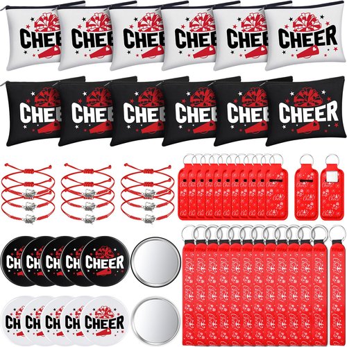 Sunnymove 60 Pcs Cheerleader Gifts Bulk Cheer Team Gifts for Women with Cheerleader Cosmetic Bags Makeup Mirror Bracelets Lipstick Holder Keychains Lanyard Cheer Team Party Favors(Red White)