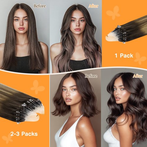 DOORES Micro Beaded Real Human Hair Extensions, Balayage Chocolate Brown to Caramel Blonde 16 Inch 50g/50s, Invisible Bead Extensions Human Hair for Women