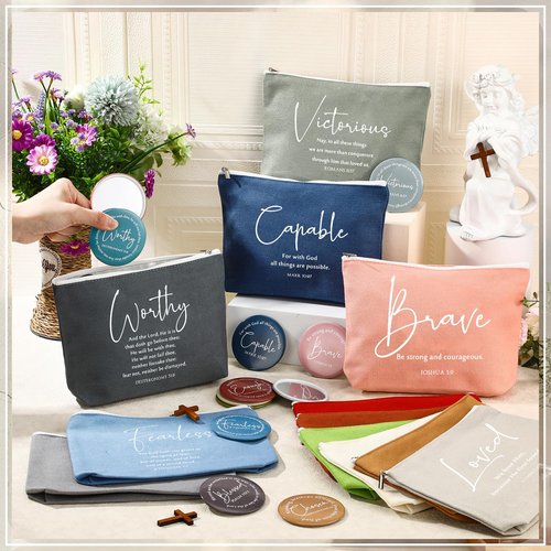 Geelin 24 Sets Christian Gifts Bulk Religious Canvas Makeup Bags with Bible Verse and Compact Mirrors Inspirational Gift for Women Teacher Staff Coworker Church Ladies Easter Holiday Gifts (Classic)