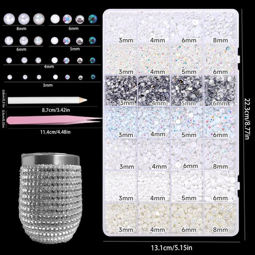 Pearls and Resin Rhinestones for Crafting, 28 Grids White Bedazzling Gems Kit 3/4/6/8mm Half Pearls, 3/4/5/6mm Jelly Resin Rhinestones for Nails Face Eyes Makeup Crafts