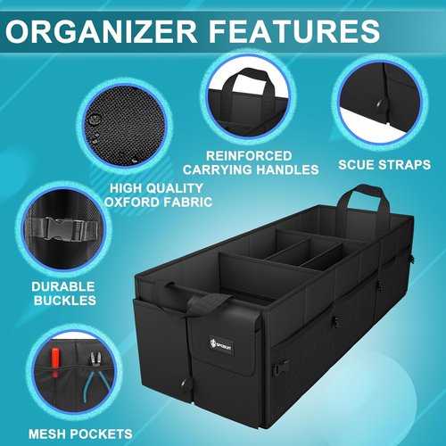 Sposuit Extra Large Car Trunk Organizer - 98L Collapsible Storage with Removable Dividers & Adjustable Straps