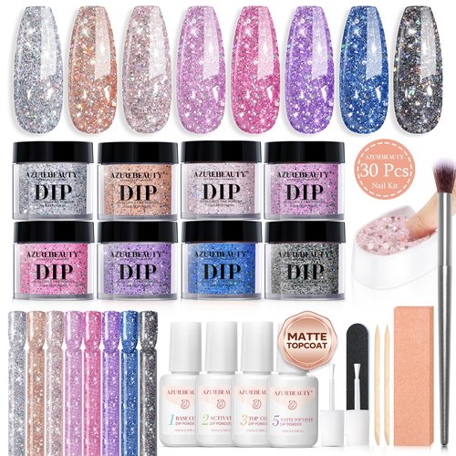 AZUREBEAUTY Dip Nails Powder Starter Kit - 8 All-Season Shiny Chrome Colors with Base & Top Coat | 30 PCS