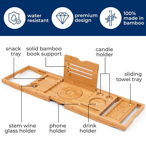 SereneLife Premium Foldable Bathtub Tray with Gift Box and Bow Set, Expandable Bath Tray, Unique House Warming Gifts, for Mom, Women, New Home, Wedding, Anniversary, Bridal Shower, Fit for All Tub