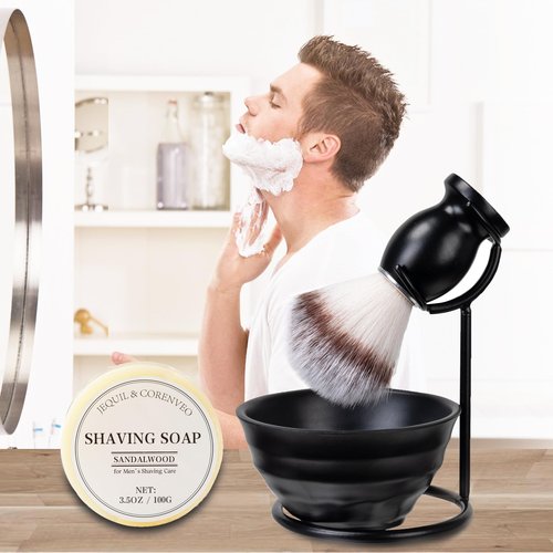 JEQUIL&CORENVEO Shaving Brush Set for Men, 4pcs Synthetic Shaving Brush with Shaving Soap, Stand and Shaving Bowl
