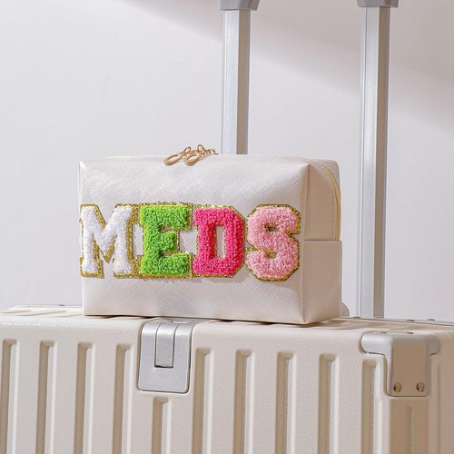 RSRSLEII Cute Chenille Letter Patch Medicine Makeup Bag, PU Leather Waterproof MEDS Cosmetic Bag with Zipper, Travel Toiletry MEDS Pouch, Daily Use Portable Organizer Makeup Bag (01Beige Bag)