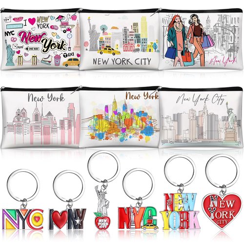 Landical 6 Sets New York Souvenir Gifts Include 6 Pcs New York Cosmetic Bag and 6 Pcs Metal Keychain for Women Traveler Christmas Party Gifts