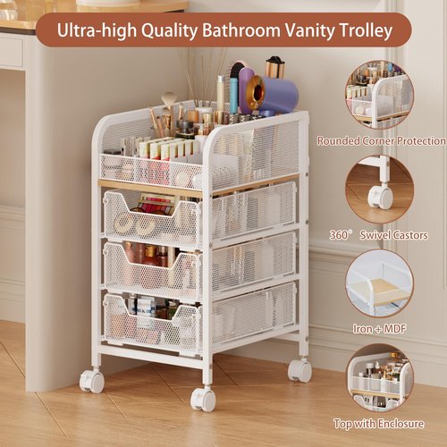 Rolling Makeup Cart Organizer with 3 Drawers, 4-Tier Narrow Floor Skincare Organizers with dividers, Vanity Organizer Cosmetics Display Cases for Makeup Brush, Hair Tool, White