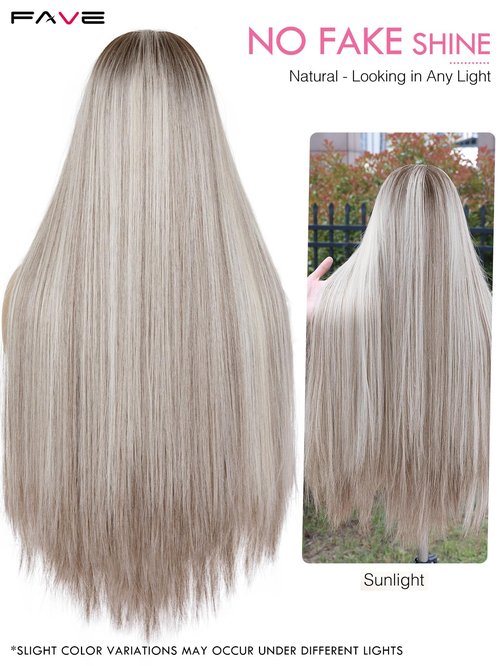 FAVE 13x4 HD Lace Front Wig,28" Ombre Wig Ash Blonde with Brown Highlight Long Straight Synthetic Hair, Pre-Plucked Hairline, Heat-Resistant Glueless Lace Front Wigs for Women