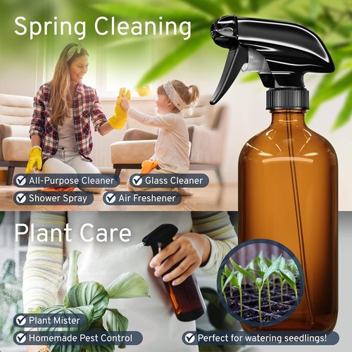 LiBa Amber Glass Spray Bottles - 16 oz Refillable Spray Bottles for Cleaning & Essential Oils | Adjustable Nozzle