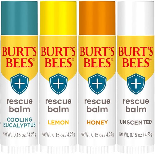 Burt's Bees Natural Rescue Lip Balm - Cooling Eucalyptus & Lemon | 4 Tubes of Hydration