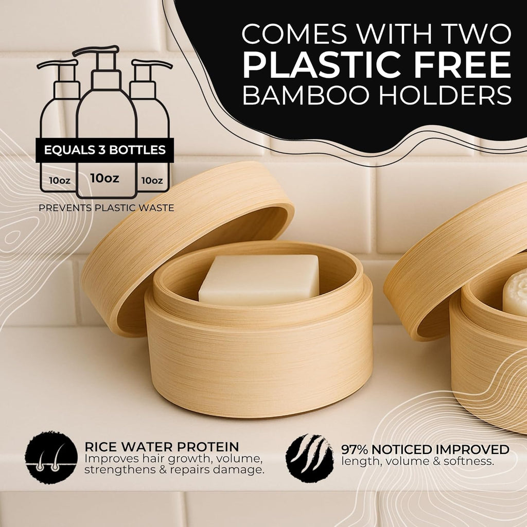 Viori Terrace Garden Shampoo & Conditioner Bar Set | Handcrafted Rice Water Formula for Hair Growth - Eco-Friendly Bamboo Holder