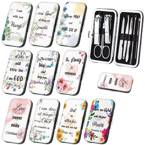Lanties 10 Sets Christian Gifts Bulk for Women Church Bible Manicure Sets Floral Scripture Stainless Steel Nail Clipper Set Religious Gift for Employee Teacher Christmas Party Supplies