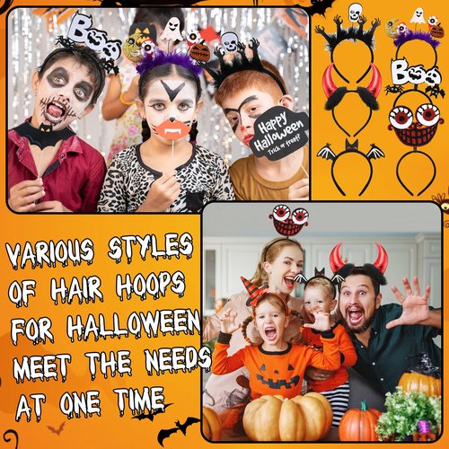 Lyrow Halloween Headbands Bulk for Women Halloween Witch Hat, Spiderweb, Bat, Ghost, Eyeballs, Boo Headwear Photo Booth Props for Women Adult Cosplay Costume(24 Pcs,Classic Style)