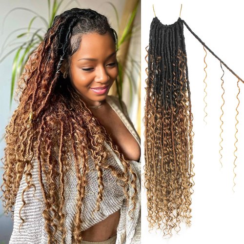 Boho Faux Locs Crochet Hair 30 Inch Goddess Locs 8 Packs Boho Soft Locs Crochet Hair with Curly Ends Pre-looped Long Bohemian River Locs Crochet Hair for Black Women(30Inch,1B/30/27)