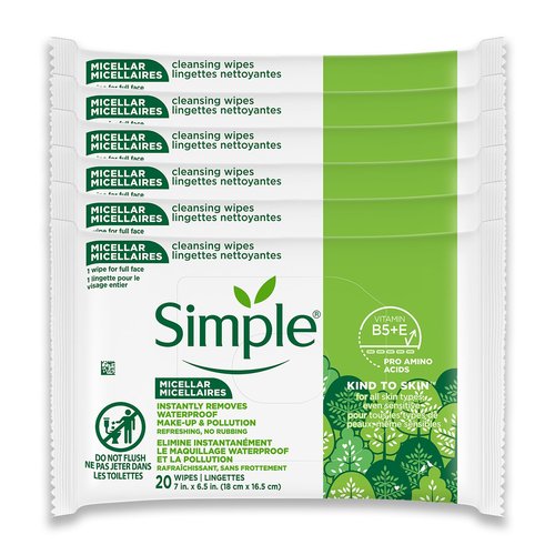Simple Kind To Skin Micellar Makeup Remover Wipes - Face Wipes Instantly Remove Waterproof Makeup - Enriched with Vitamin B5 and E - Vegan - 6 pc