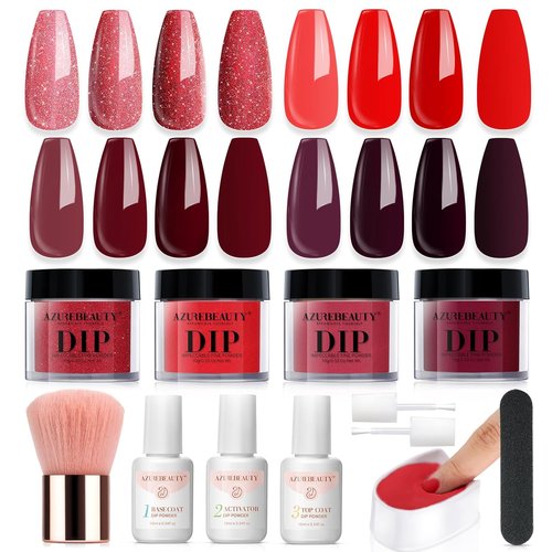 AZUREBEAUTY Dip Powder Nail Kit - 4 Colors Red Burgundy Berry | Complete Dipping Powder System for DIY Manicure
