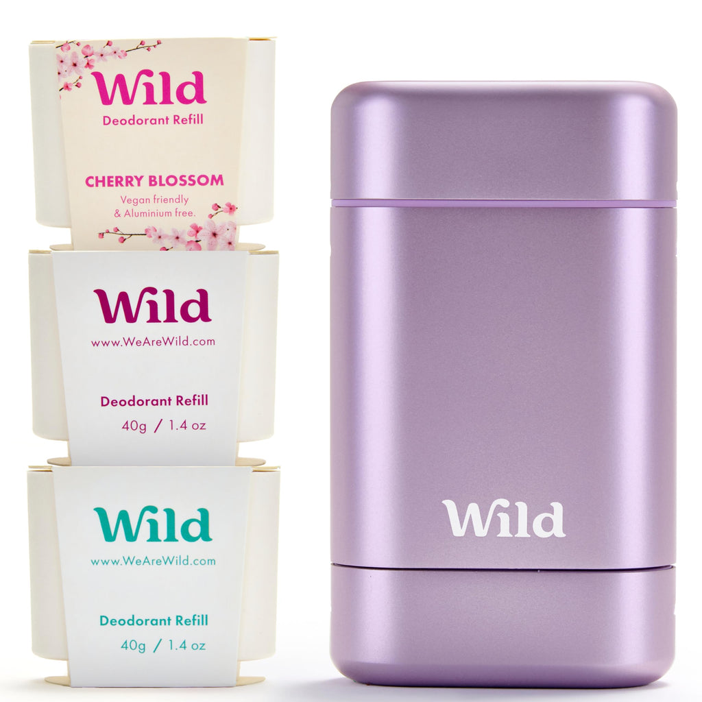 Wild Aluminum Free Deodorant Starter Kit - Refillable Stick Deodorant with Purple Applicator Case & Vegan Refill Variety Pack - Fresh Cotton & Sea Salt, Cherry Blossom and Coconut & Vanilla Scents