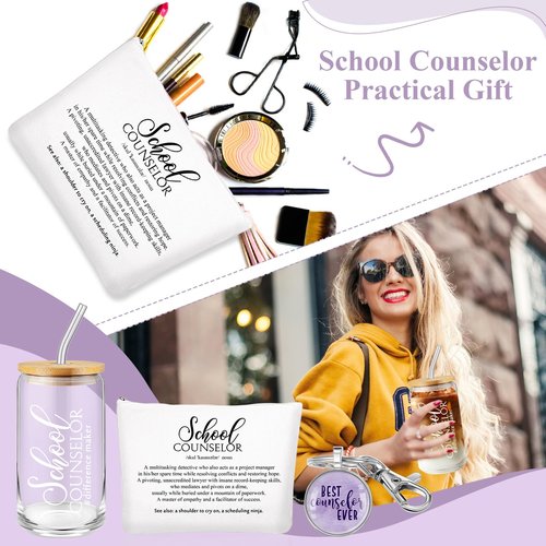 Sunnychicc 5 Pcs School Counselor Must Have for Women 16oz Glass Cup Makeup Bag Leather Notebook Pen Keychain Thank You Gift for School Counseling Week Guidance Teacher Appreciation(Purple)