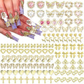 RODAKY 124PCS Gold Nail Charms 3D Butterfly Nail Gems Pink Crystal Heart Nail Art Jewelry Bow Charms for Acrylic Nails Glitter Cute Nail Decoration Metal Rose Cross Charms for Manicure Design