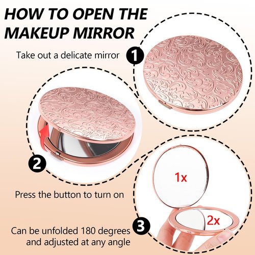 HAPUTDY Portable Compact Metal Folding Makeup Mirrors, Beautiful and Elegant,1X/2X Magnifier. (Rose Gold)