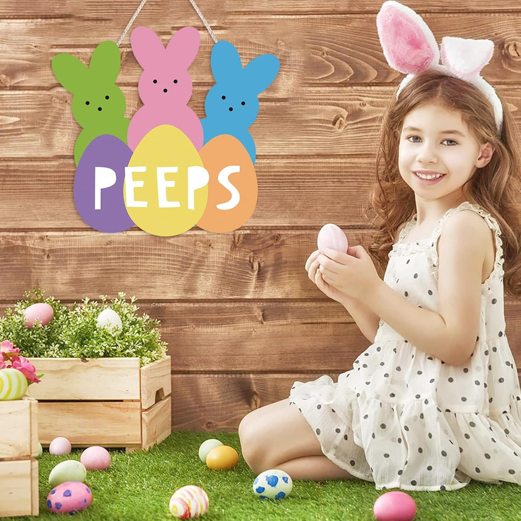Welcome Peeps Easter Wreath - Cute Bunny Wood Hanging Sign for Farmhouse Door Decor