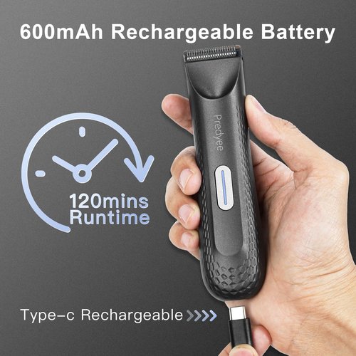 Predyee Manscape Trimmer for Men - IPX7 Waterproof Ball/Body Trimmer w/LED Light & Ceramic Blade, 120Min Groomer for Pubic/Groin/Chest, USB-C Fast Charge, No Nicks, Gifts for Him Dad Husband