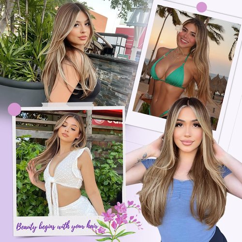Eawwii Ombre Light Brown With Blonde Glueless Wigs for Women Pre Cut Synthetic Lace Hairline Long Layered Straight Hairstyle 26 Inch