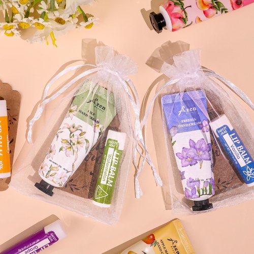 AZEN 32 Sets Bulk Gifts, Hand Cream and Lip Balm Bulk Set with Organza Bag Thank You Card, Baby Shower Wedding Gifts for Guests, Bridal Wedding Favors, Valentines Gift for Women