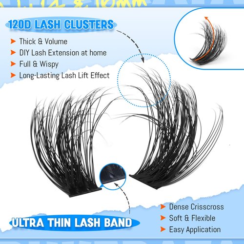 PHKERATA 14-16mm Lash Clusters Eyelash Extensions Volume Eyelash Clusters Russian D Curvature Lash Extension DIY Wispy Cluster Lashes Thick Individual Lashes, 14-16mm