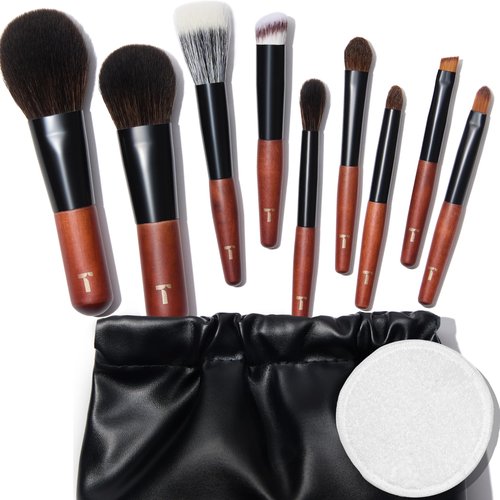 Cosme 9 FULL FACE MINI Short Handle Makeup Brush Set & Case - Small Travel Size Powder, Blush, Concealer, Brow, Eyeliner, Eyeshadow Miniature Make Up Brushes for Home, Purse, Office, Gym, Vacation