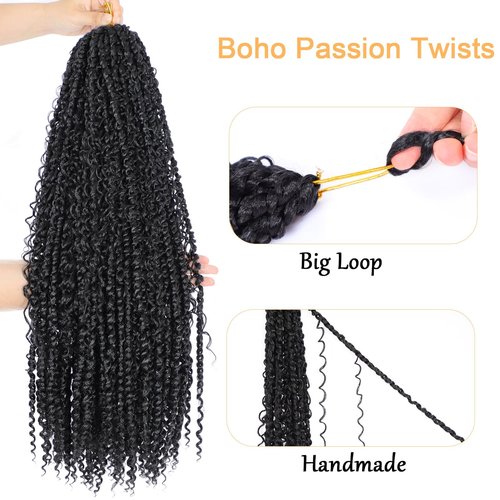 Boho Style Passion Twist Hair 22inch Long Pre-Twisted Crochet Goddess Passion Twist Hair 8Pack Pre Looped Curly Crochet Hair Soft Bohemian New Passion Twist Crochet Braids Hair for Black Women,1b#