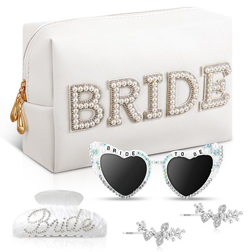 JATEBI 5Pcs Bride to Be Gifts Set Bachelorette Gifts for Bride Include Makeup Bag Glasses Claw Clip Bachelorette Party Accessories for Bridal Shower Wedding Day Engagement