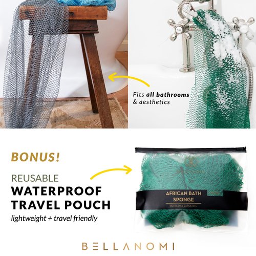 BELLANOMI African Exfoliating Net Sponge 2-Pack Sapo – Authentic & Ethically Sourced, 45" Long Back Scrubber, Quick-Dry 100% Nylon, Gentle Exfoliation Great for Daily Use (Emerald Green & Yellow)