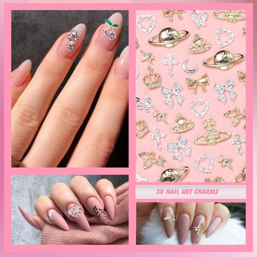 154 Pcs Alloy Star Cross Nail Gems Charms, Silver Gold Bow Crown Butterfly Cross Bow Nail Charms 3D Cherry Planet Heart Nail Jewelry Charms, Nail Rhinestones Gems Charms for Nail Art DIY Decoration