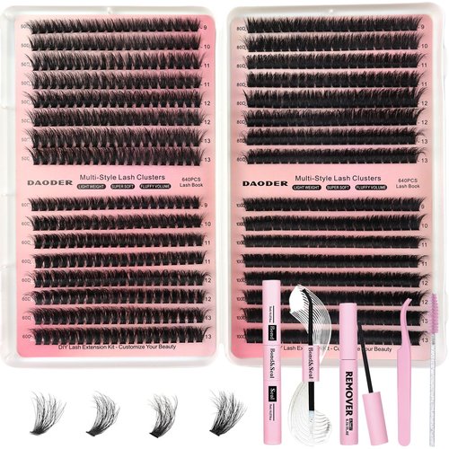 DAODER Thick Short DIY Lash Extension Kit 640pcs 50D 60D 80D 100D Mixed Volume 3D Cluster Eyelash Extensions Fluff D Curl Individual Lashes Clusters with Lash Remover Bond Seal 9-13mm