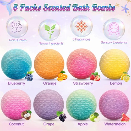 8 Packs Mermaid Bath Bombs for Kids Girls, Bubble Bath Bomb Kit with Surprise Toys Inside, Bath Toys for Kids Aged 4-8, Ideal Birthday Easter Stocking Stuffers for Girls 3 4 5 6
