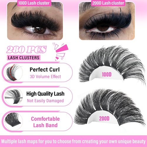Lash Clusters 100D+200D Thick Volume Eyelash Clusters 12-25mm Wispy Individual Mega Lashes Cluster Long Eyelash Extensions 280Pcs DIY Lash Extension Replacement for Yaiseiko