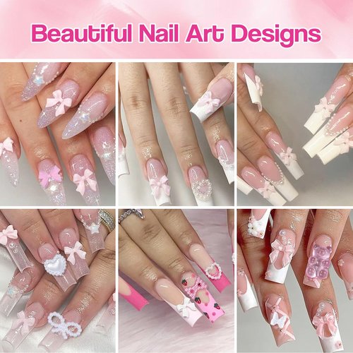 Silver Nail Gems Charms, 3D Pink Color Nail Art Charms, Acrylic Blossom Tiny Flowers Flatback Multi Styles Pearls Nail Charms Planet Heart Butterfly Nail Diamond Charms for Nails Manicure DIY Crafts