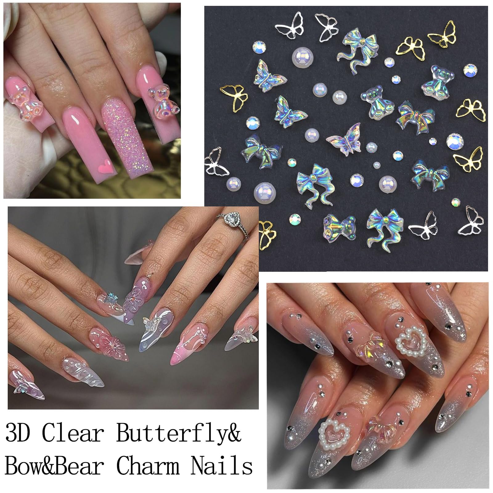 VOTACOS Flatback Nail Art Pearls and Rhinstones - Flower Bow Charms with Gel Glue - Gold, Silver, Butterfly Colors - Women's Acrylic Nail Decorations