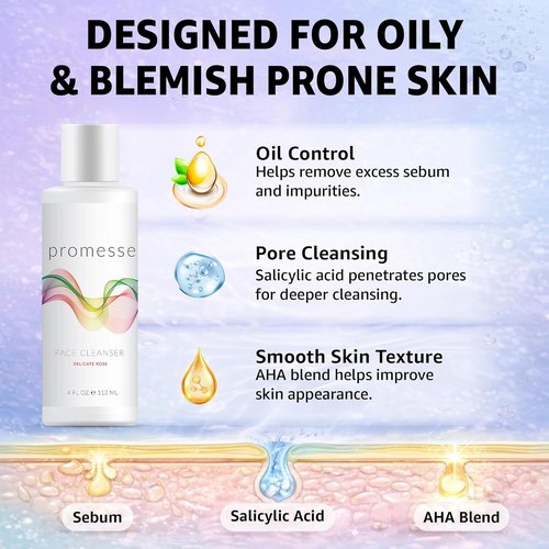 Promesse Acne Control Facial Cleanser - Glycolic & Salicylic Acid | Gentle Exfoliating Face Wash - 4 fl oz