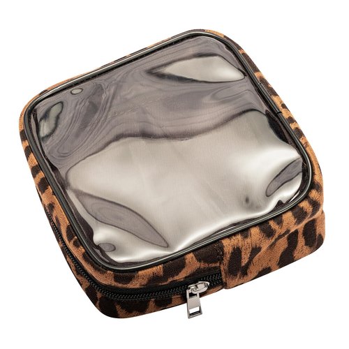 AGBIADD Fabric Leopard Print Clear Makeup Bag Travel Cosmetic Case Transparent Toiletry Bag with Zipper, Portable Make Up Organizer Traveling Compact Car Bag for Essentials (Brown)