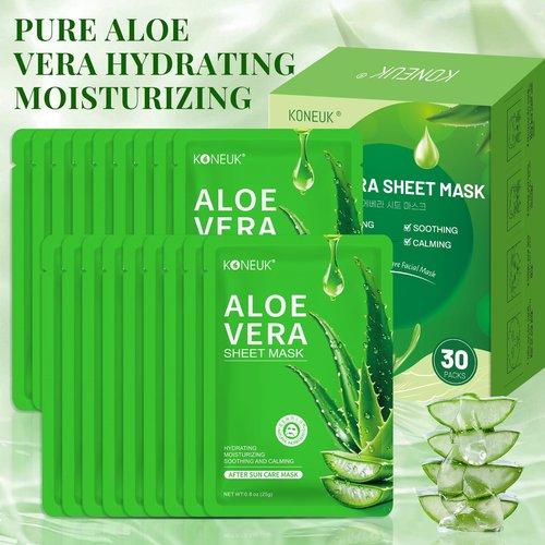 KONEUK 30 Pack Aloe Vera Hydrating Face Masks Skincare, Moisturizing & Soothing Sheet Face Mask for Skin Care, Bulk Aloe Face Masks for After Sun Care and Sunburn Relief