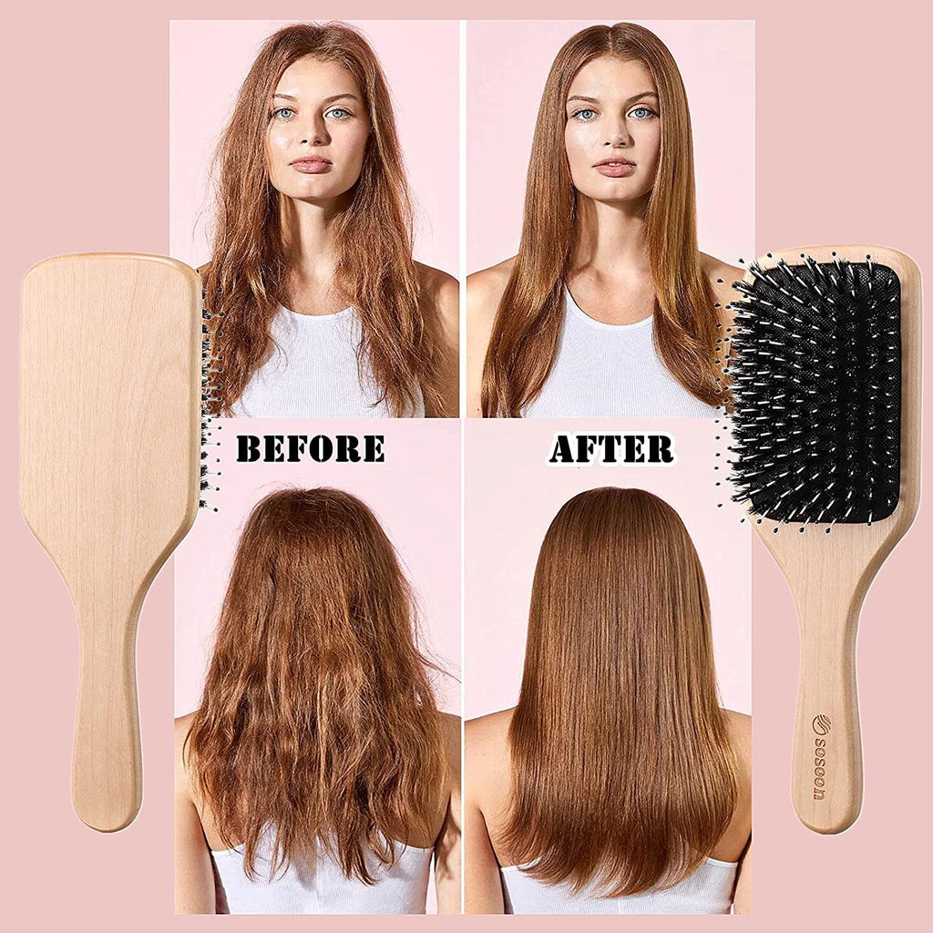 Sosoon Boar Bristle Paddle Hair Brush - Tangle-Free Styling for All Hair Types | Gift Box & Tail Comb Included