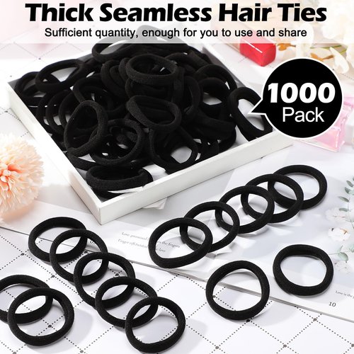 Chuangdi 1000 Pcs Black Hair Ties Bulk for Women Elastics Curly Wavy Thick Thin Hair Bands Seamless Cotton Ponytail Holders Christian Charity Donation Supplies