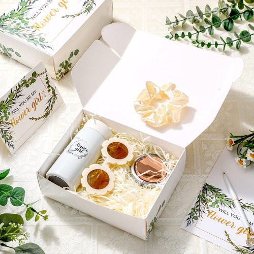 Crtiin 18 Pcs Flower Girl Gifts Wedding Proposal Box Kit from Bride Will You Be My Flower Girl Gifts Card Tumbler Daisy Necklace Sunglasses Diamond Pen Hair Ring Mirror Green Sage Wedding Party Favors