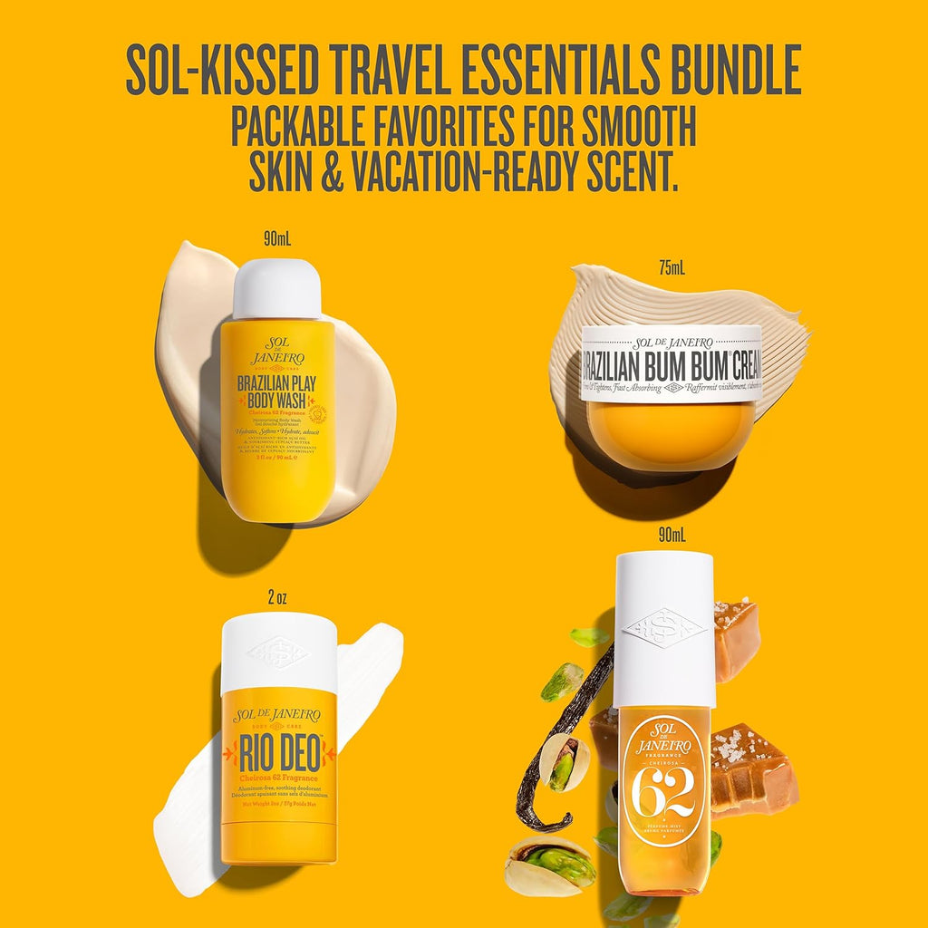 Sol de Janeiro Travel Essentials Bundle - Cheirosa 62 Perfume Mist, Rio Deo, Bum Bum Cream & Body Wash | TSA-Friendly Sizes